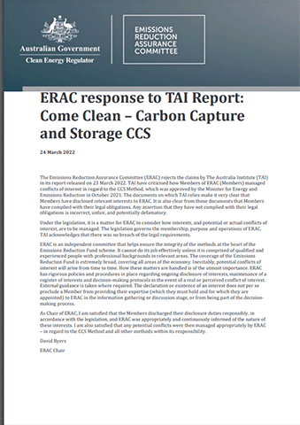 ERAC response to TAI Report:
Come Clean – Carbon Capture
and Storage CCS